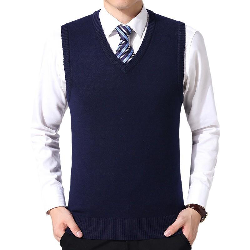 Autumn 2024 Men's V-Neck Loose Knit Wool Vest – Solid Sleeveless Style