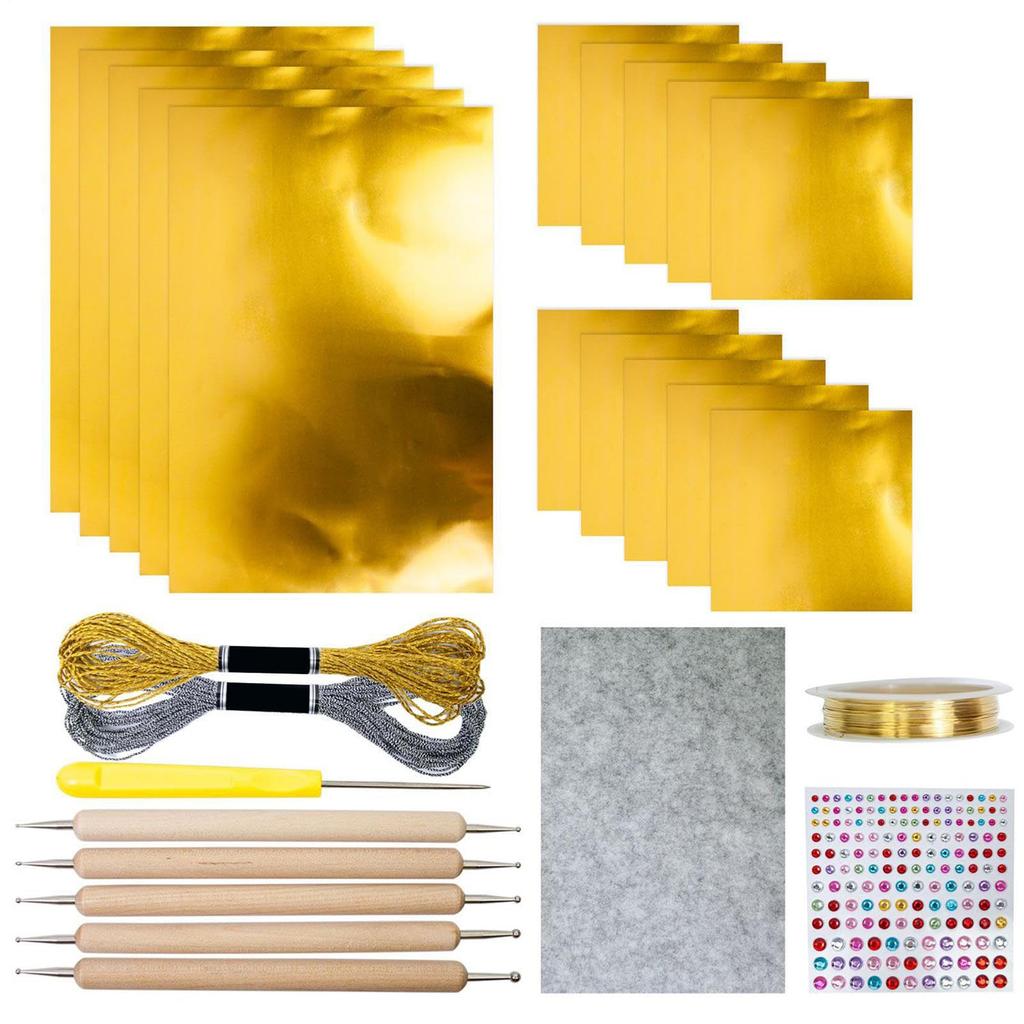 Foil Art Craft with Carving Tools Awl Stickers Metal Thread Tin Foil Paper Craft for DIY Decor Painting