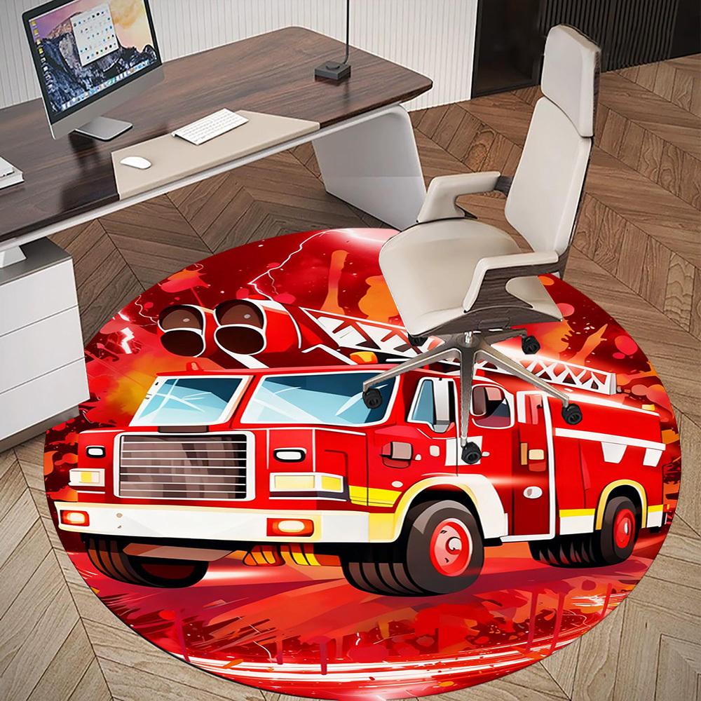 1PC Firetruck Lightning Round Chair Mat Area Rug - Non-Slip, Floor Mat for Office, Bedroom, and Indoor Decor -Gift D1127203