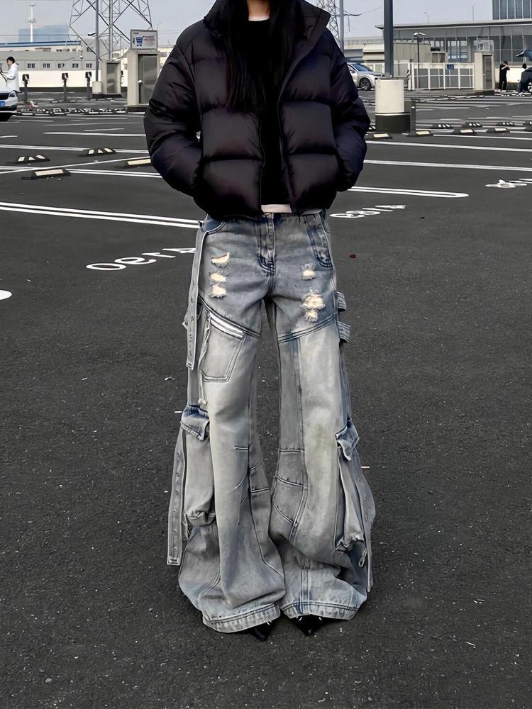 Plus Size Retro Y2K Distressed Blue Cargo Pants for Women - Floor-Length Design