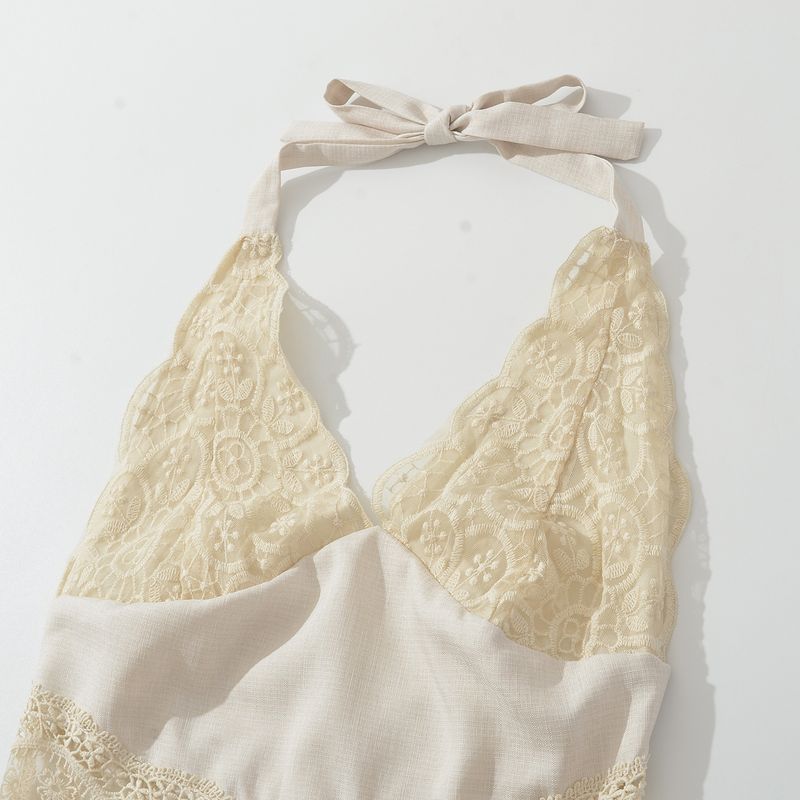 Kaslead New Women clothes Western Style Fashion Slim fit Lace Stitching Hanging Neck Short dress