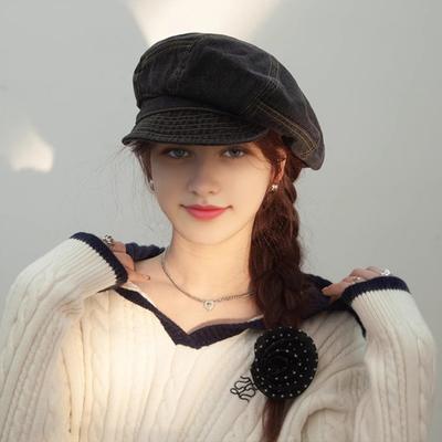 Women's Denim Newsboy Cap Visor Beret Hat with Short Brim Sun Protection Cabbie Cap for Spring Summer Travel Outdoors