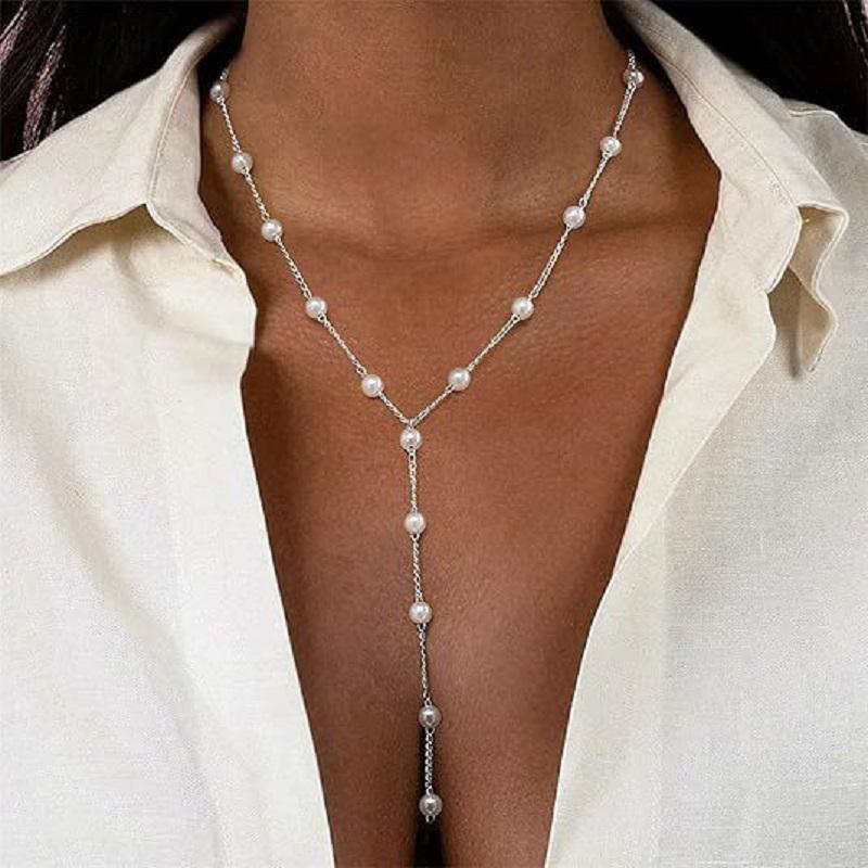 Bohemian White Imitation Pearl Y-Shaped Long Tassel Pendant Necklaces for Women Elegant Adjustable Chokers Chain Wedding Jewelry