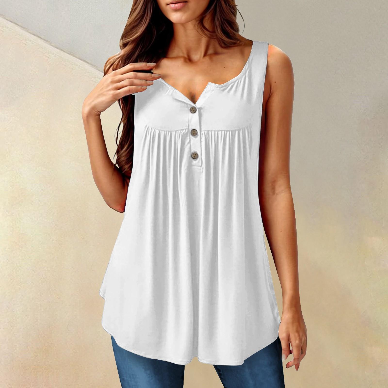 

Женская мода, однотонная плиссированная повседневная футболка без рукавов, жилет на пуговицах, топ S белый