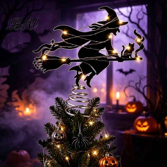 Halloween Tree Topper Witch Topper, with LED Lights, Black Iron Spooky Holiday Decor Art Silhouette Ornament, for Christmas And Party