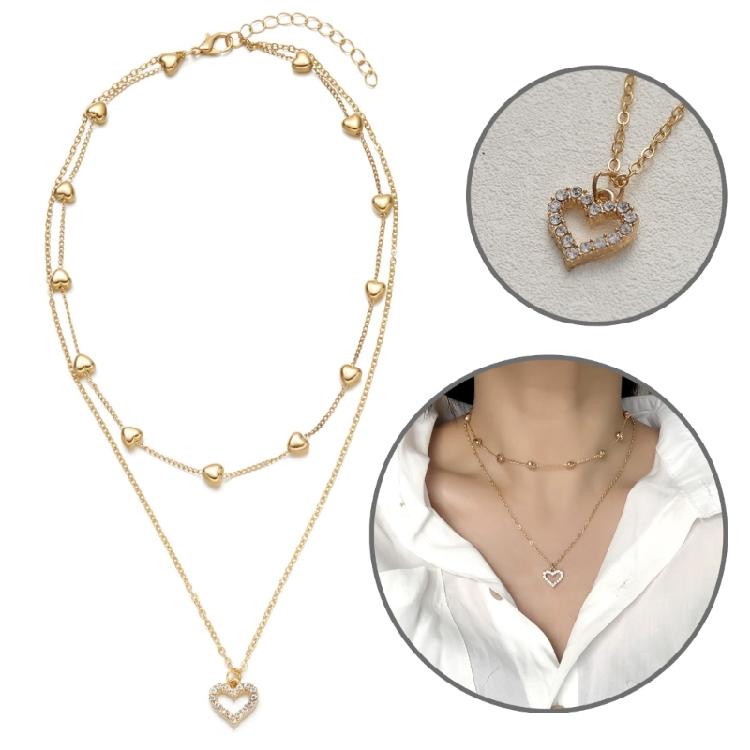 Heart Frame Pendant Necklace Trendy Accessory Alloy Texture Double Layer Chain Jewelry for Casual and Special Occasion