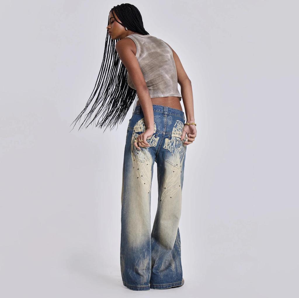 Retro Wing Print Rivet Wide-Leg Jeans