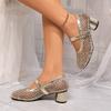 Fashion Stylish Cutout Ballet Heels Stylish New Square Toe Shallow Mouth Crystal Mesh Buckle Mary Jane Block Heel Single