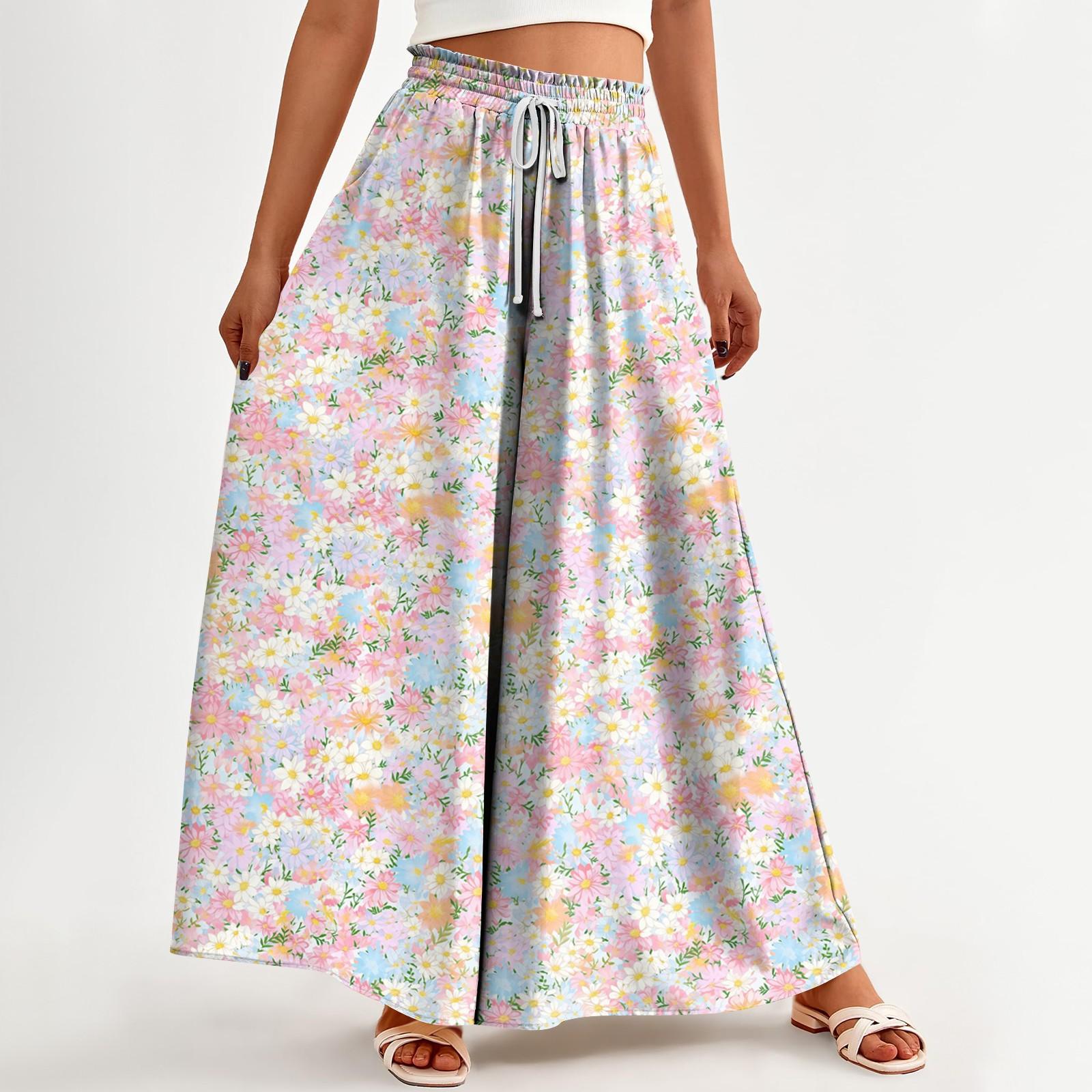 

Women s Printed Wide Leg Pants With Pockets High Waist Drawstring Loose Casual Pants M рожевий