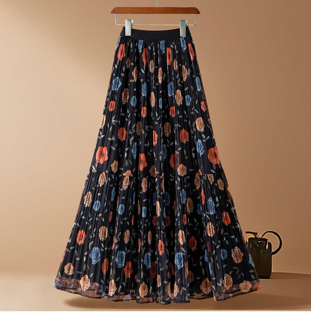 Qooth Chiffon-Midirock mit Blumenmuster, hoher Bund, A-Linien-Rock, femininer Stil für Frühling Sommer QT2605