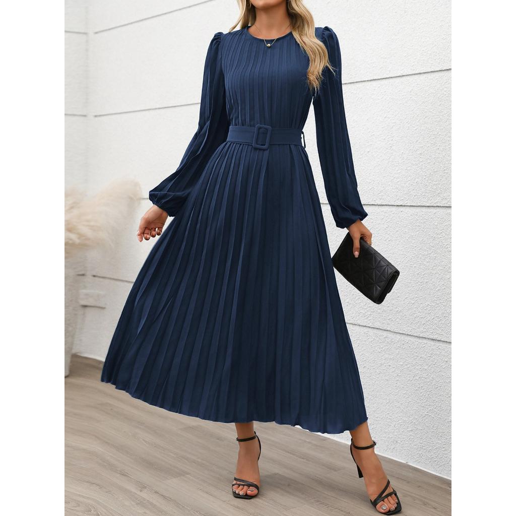 New Autumn Elegant Vintage Solid Color Pleated Long Sleeve Work Dress