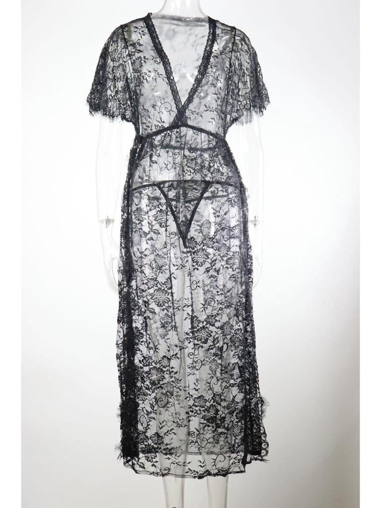 2023 European & American Sexy Lace Deep V Women’s Bodysuit with Side Opening and Long Robe