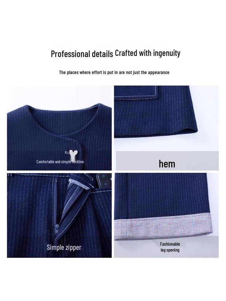 Hong Kong Retro Fashion Denim Blue Women's Set: 2025 Spring/Autumn Striped Patchwork Jacket & Wide-Leg Pants Two-Piece