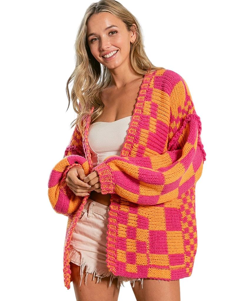 Azura Exchange Open Front Mixed Checkered Pattern Knit Cardigan