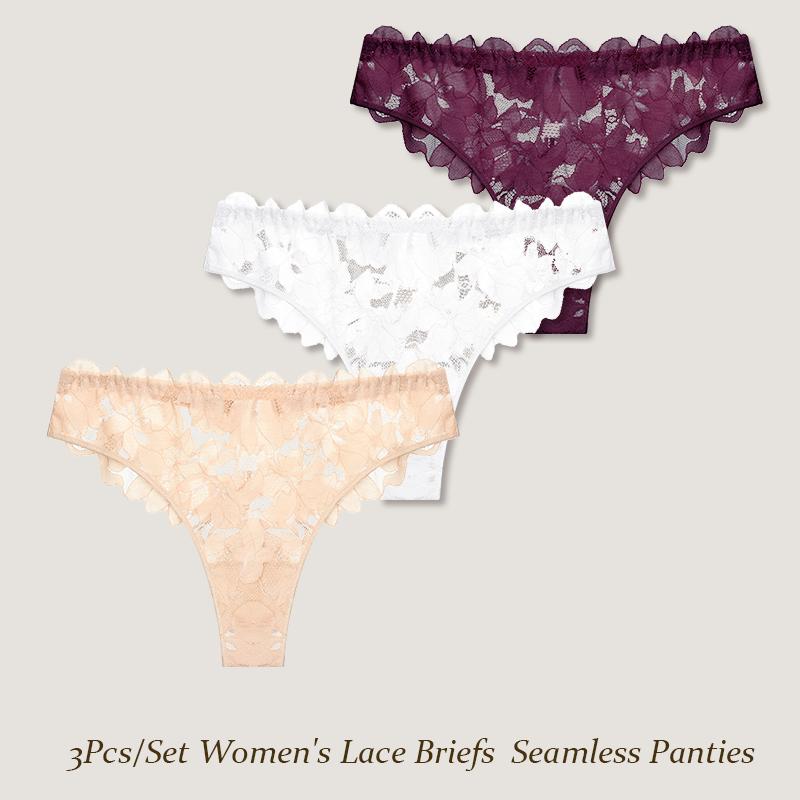 FINETOO 3Pcs/Set Women's Lace Briefs Women Seamless Panties Solid Color Breathable Underwear Female Low Waist Soft Lingerie S-XXL