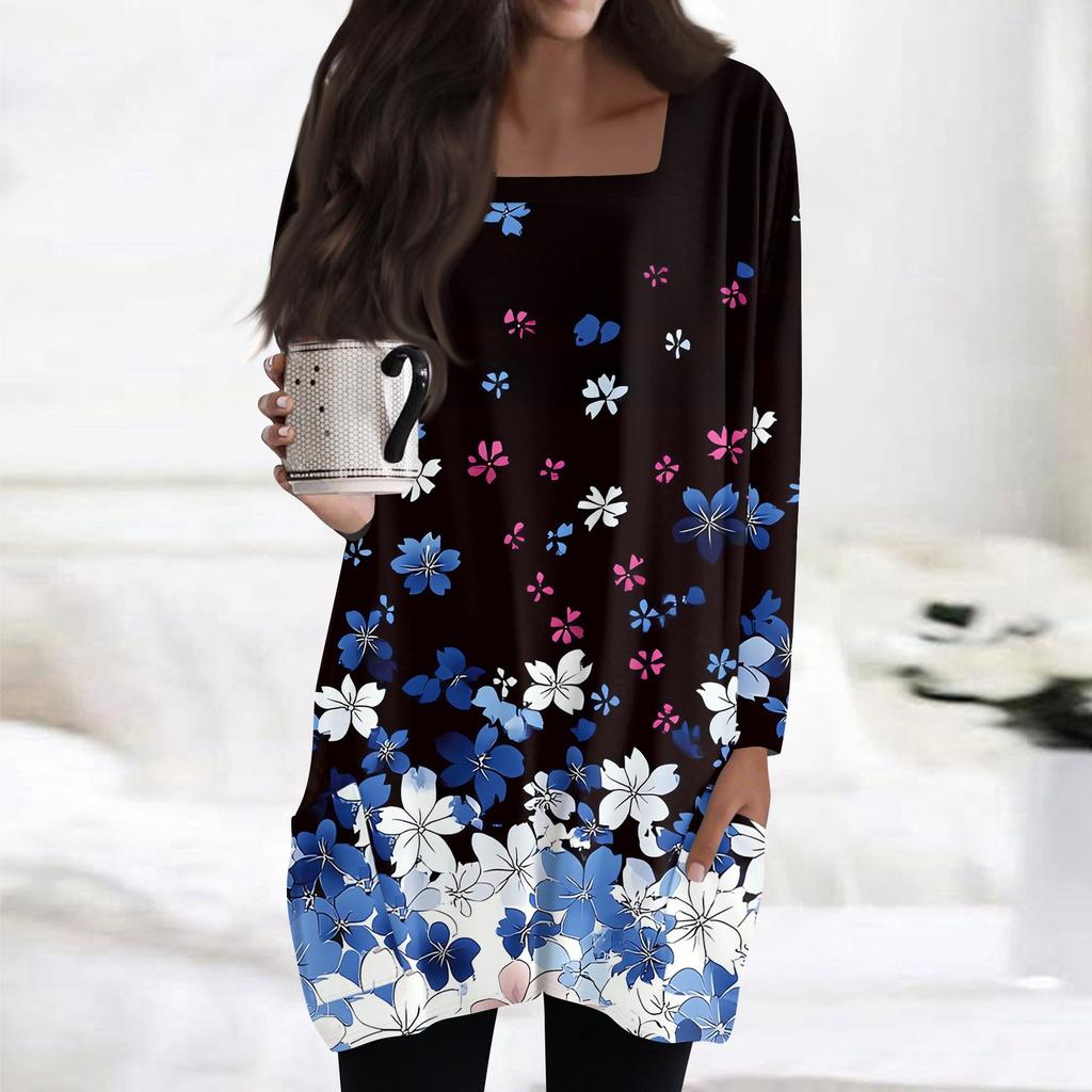 Womens Tops Square Collar Long Sleeve Blouses Casual Mid-length Shirts Fashion Print Tunic Tops With Pockets