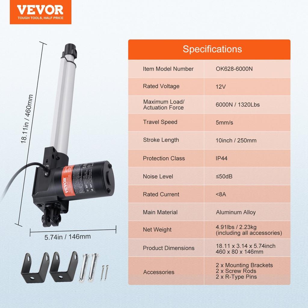 Linear Actuator 12V 10In Heavy Duty 1320lbs/6000N 0.19"/s IP44 Protection