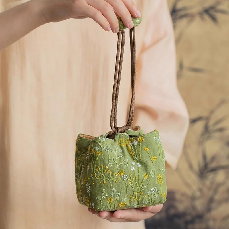 Chinese Style Cotton Linen Tea Set Storage Bag - Thickened Shockproof Pouch for Zisha Teapot/Quick Cup,  Portable Carrying Case