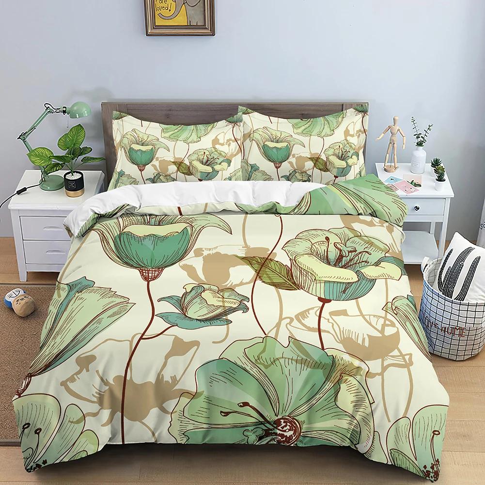 Flower Bedding Set Colorful Floral Duvet Cover Queen King Size Green Leaves Blossom Quilt Cover 2/3Pcs Polyester Comforter Cover