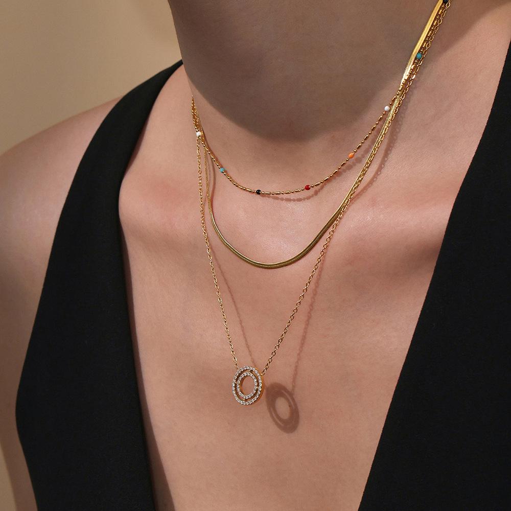 Qiong Yao European Style 18K Gold-Plated Full Diamond Double Ring Necklace & Bracelet Set in High-End Stainless Steel