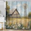 Rustic Barn Windmill Shower Curtain, Western Farm Barn Daisy Floral Farmhouse Bath Curtains Set, 72x72 Inch Waterproof Fabric Ba