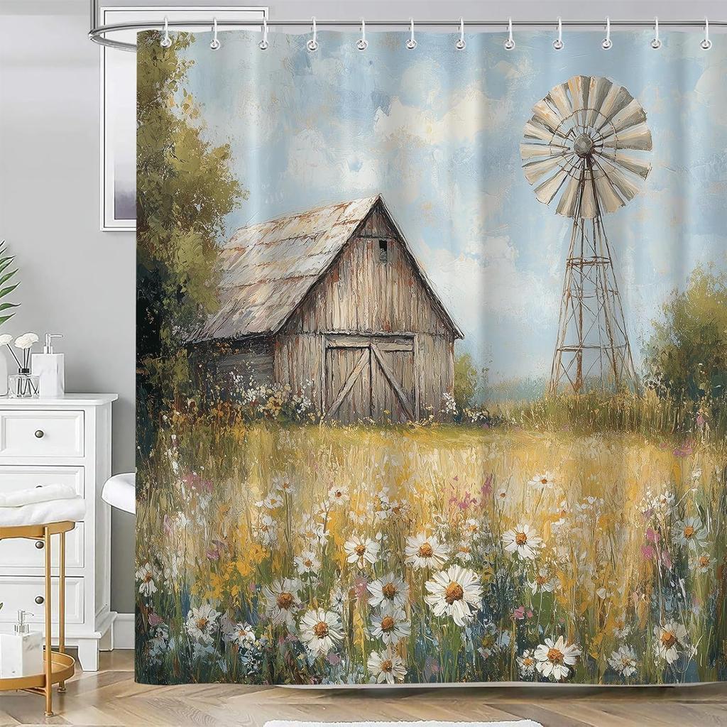 Rustic Barn Windmill Shower Curtain, Western Farm Barn Daisy Floral Farmhouse Bath Curtains Set, 72x72 Inch Waterproof Fabric Ba