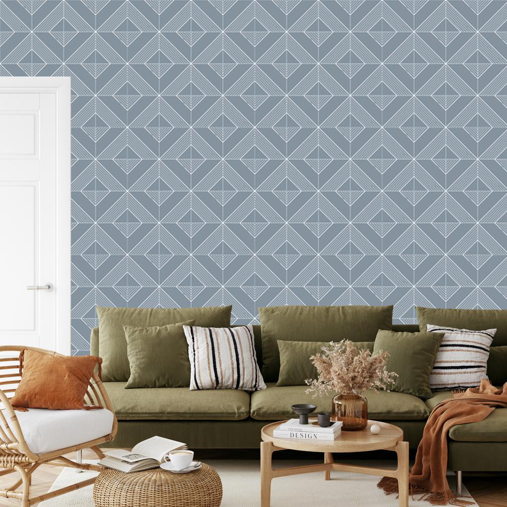 Geometric Rhombus Wallpaper Blue and Light Gray 50x1000