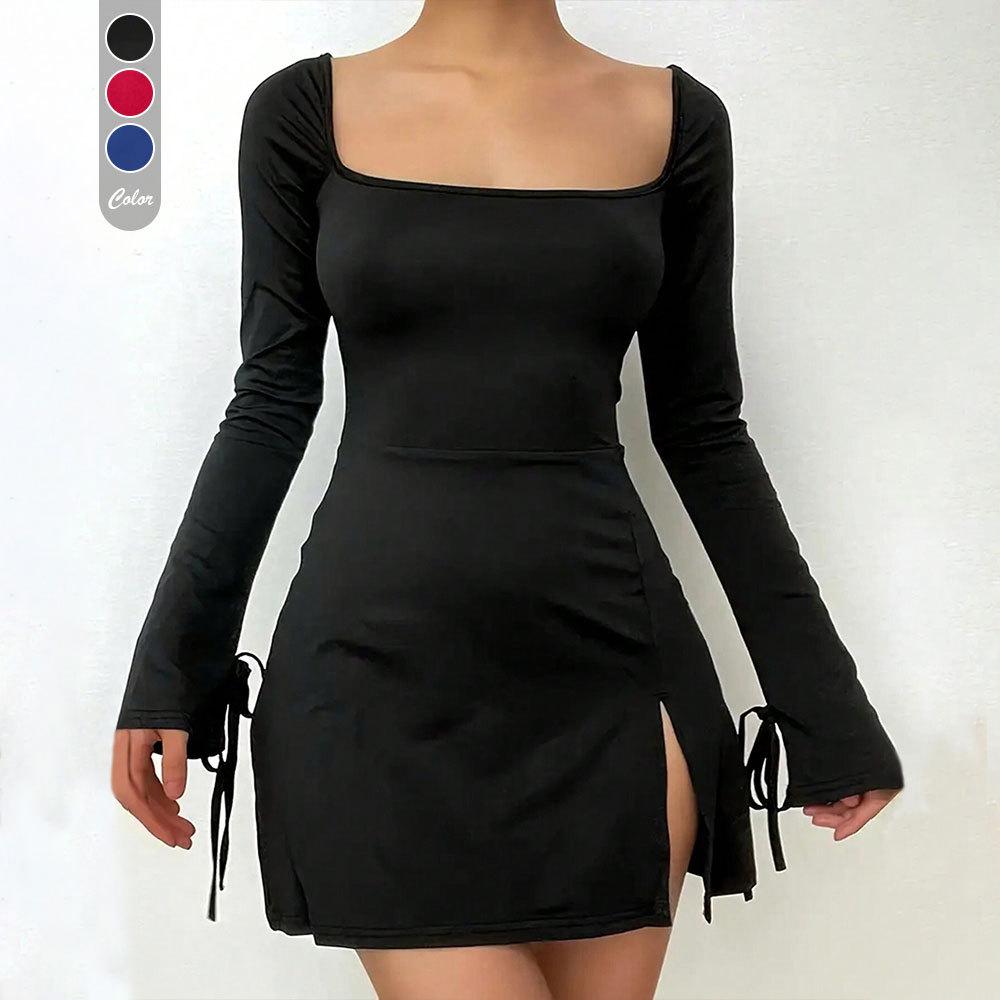 Europäischer & Amerikanischer Stil Rotes A-Linien-Kleid mit eckigem Kragen - Herbst/Winter Hohe Taille mit Schlitz