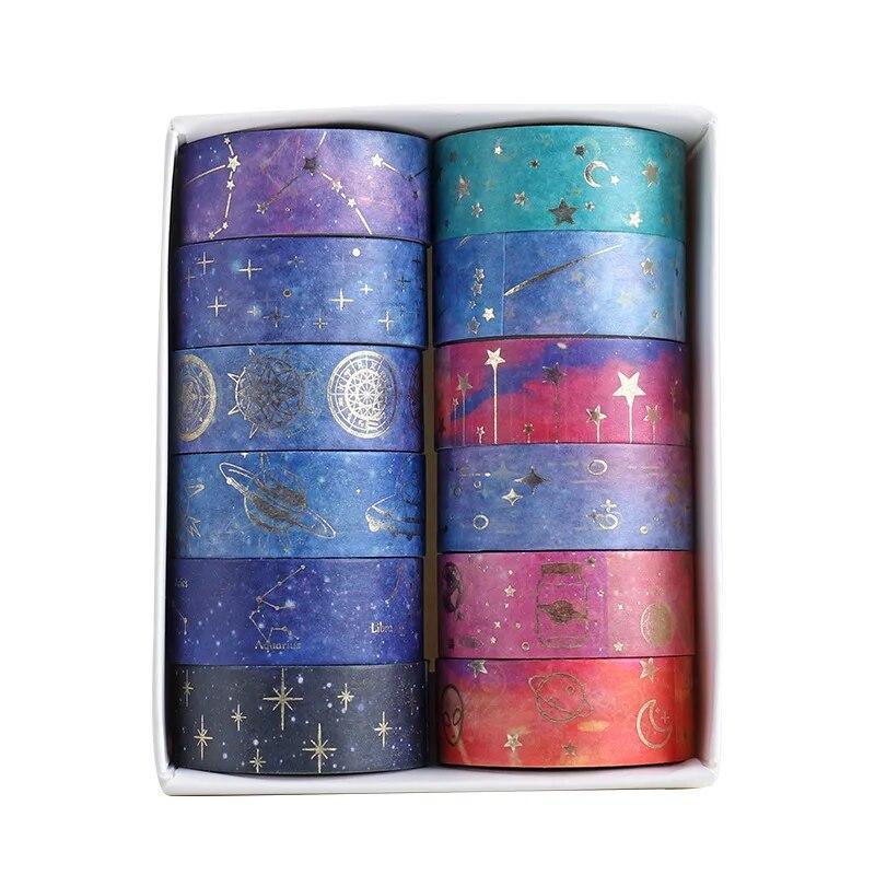 12pcs Gold Foil Starry Sky Washi Tape Set- Premium Adhesive Stickers for Scrapbooking, Crafting & Holiday Party Decor
