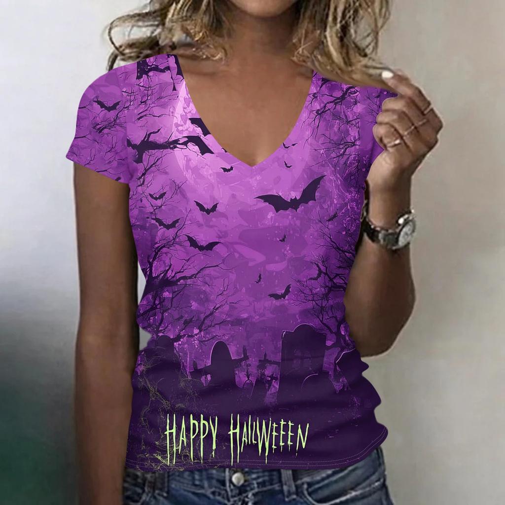 Women's V-Neck Halloween Print Lightweight Blouse for Spring and Summer