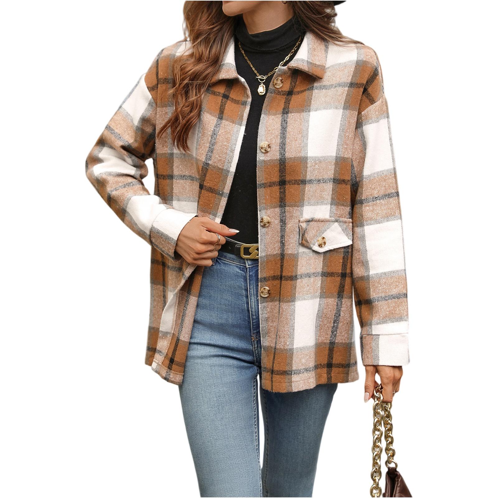 

Women s Casual Fashion Woolen Plaid Long Sleeve Cardigan Jacket Top XXXL