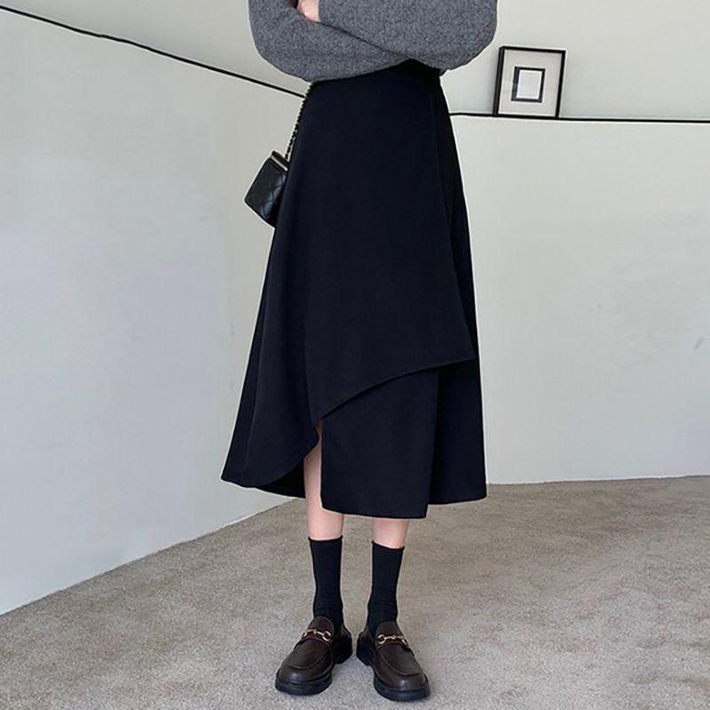 

2023 Юбка А-силуэта большого размера с высокой талией, черная, средней длины, с нерегулярным дизайном «зонт» для весны/осени XS (70-85)