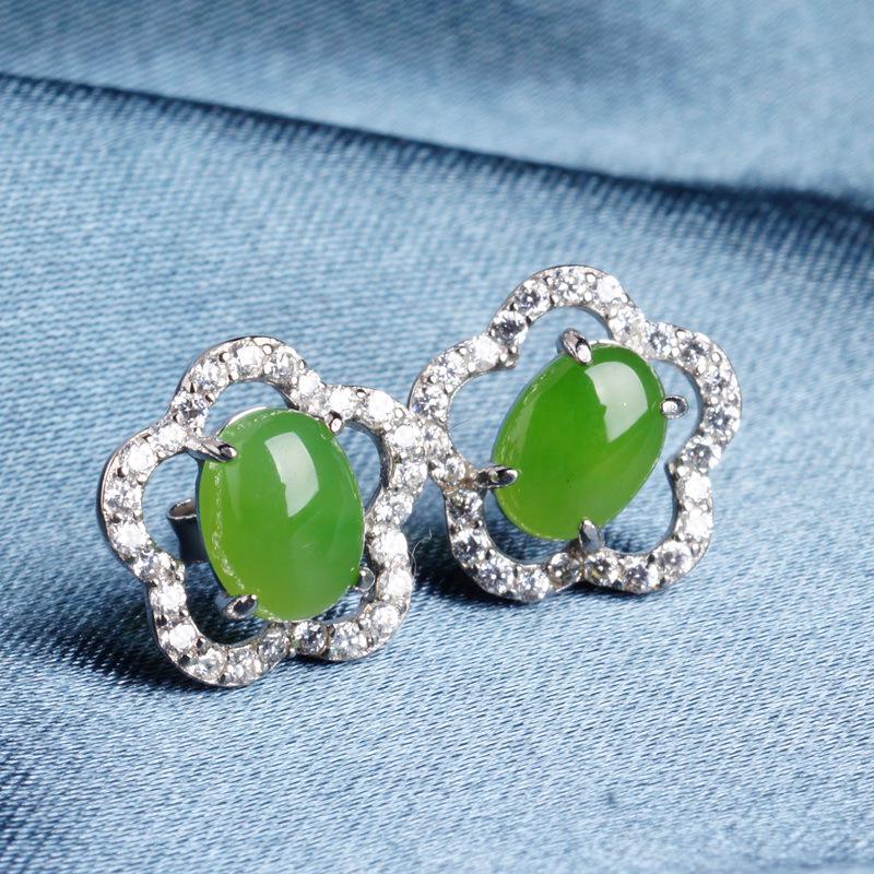 925 Sterling Silver Hetian Jasper Plum Blossom Jade Earrings with Certificate - Ancient Chinese Style