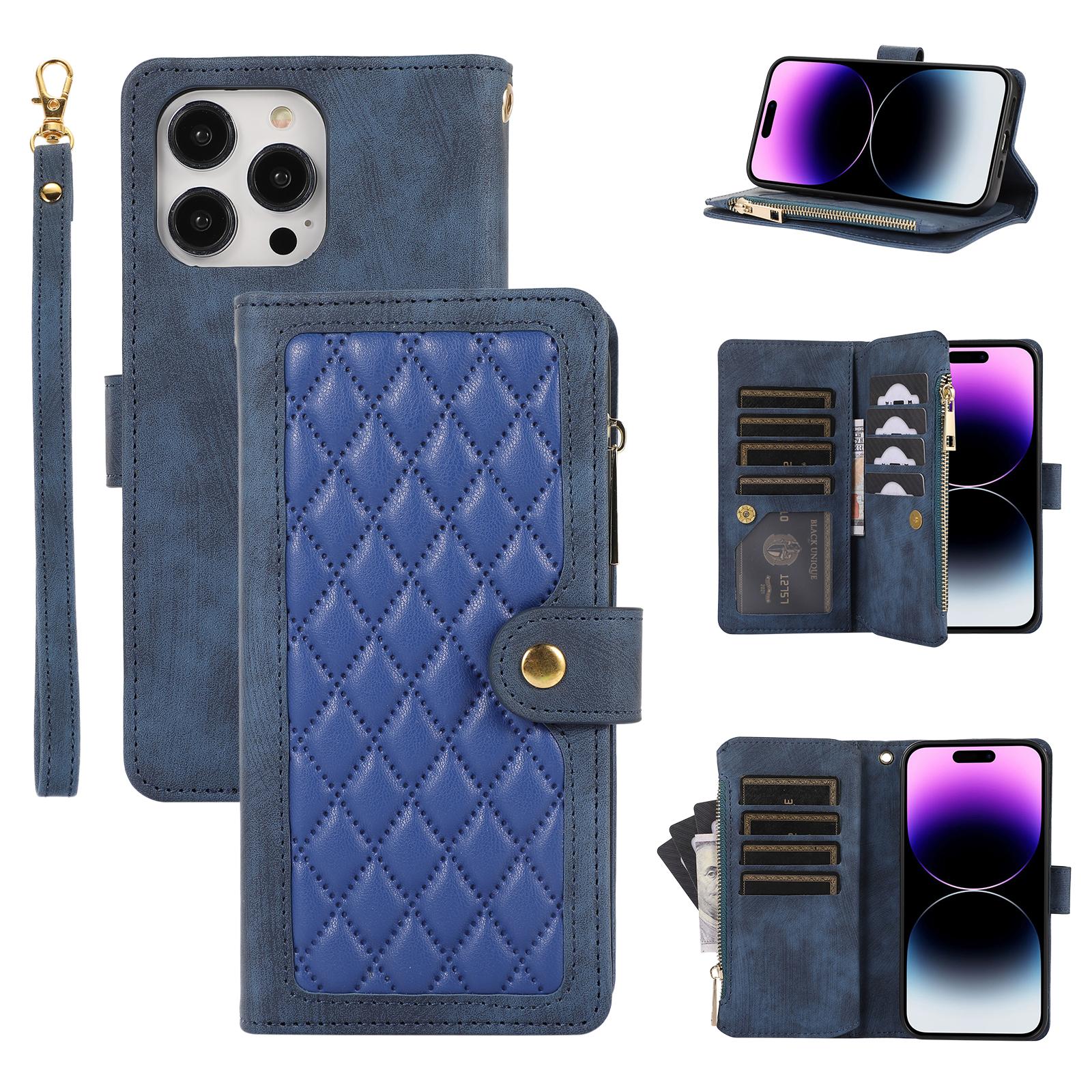 

For iPhone 16 Pro Case TPU+PU Leather Zipper Pocket Wallet Phone Cover with Wrist Strap Blue