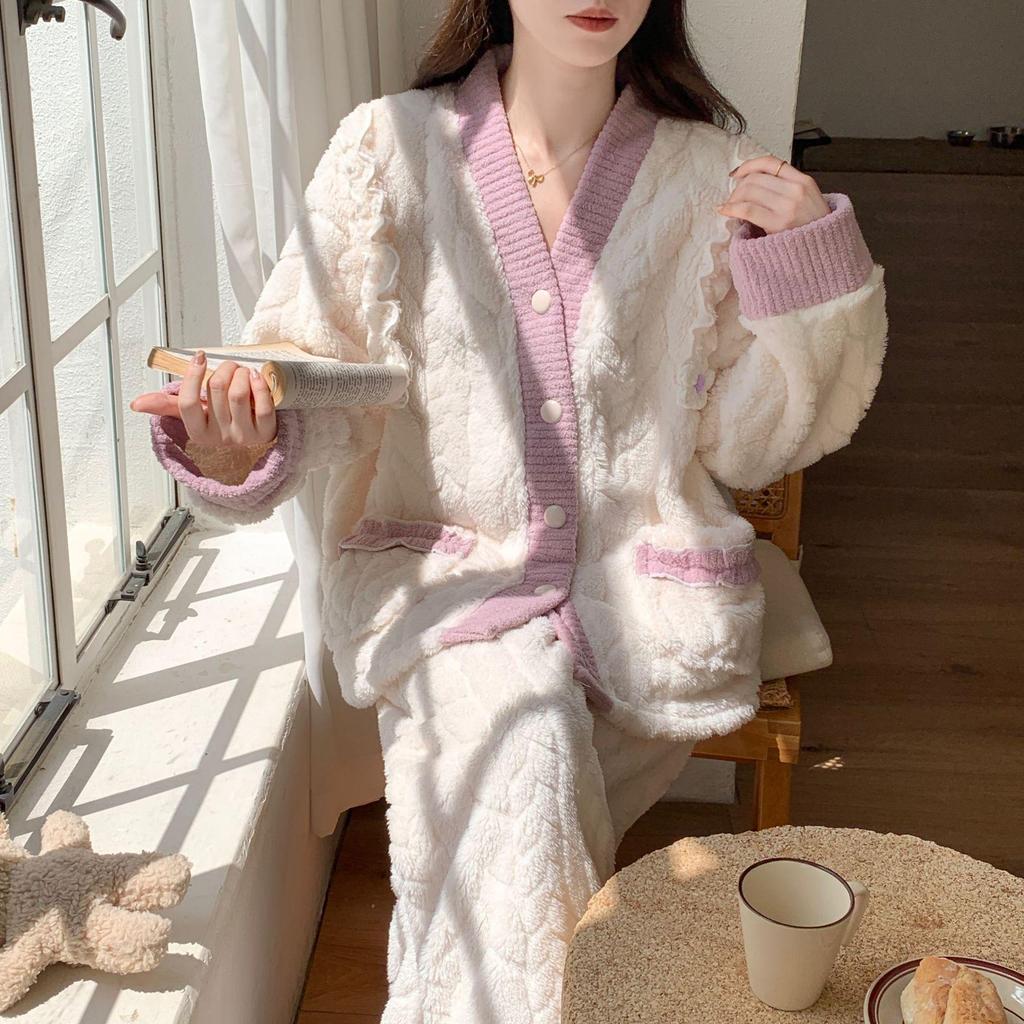 Women's Coral Fleece Pajamas - Warm, Thick, & Sweet Flannel for Fall/Winter, Wear Indoors/Outdoors