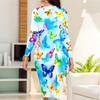Plus Size Women Long Sleeve Round Neck Midi Dress Vibrant Butterfly Print Fitted Pencil Dress