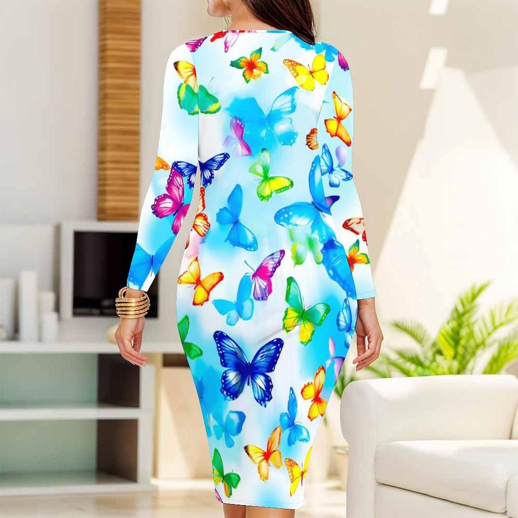 Plus Size Women Long Sleeve Round Neck Midi Dress Vibrant Butterfly Print Fitted Pencil Dress