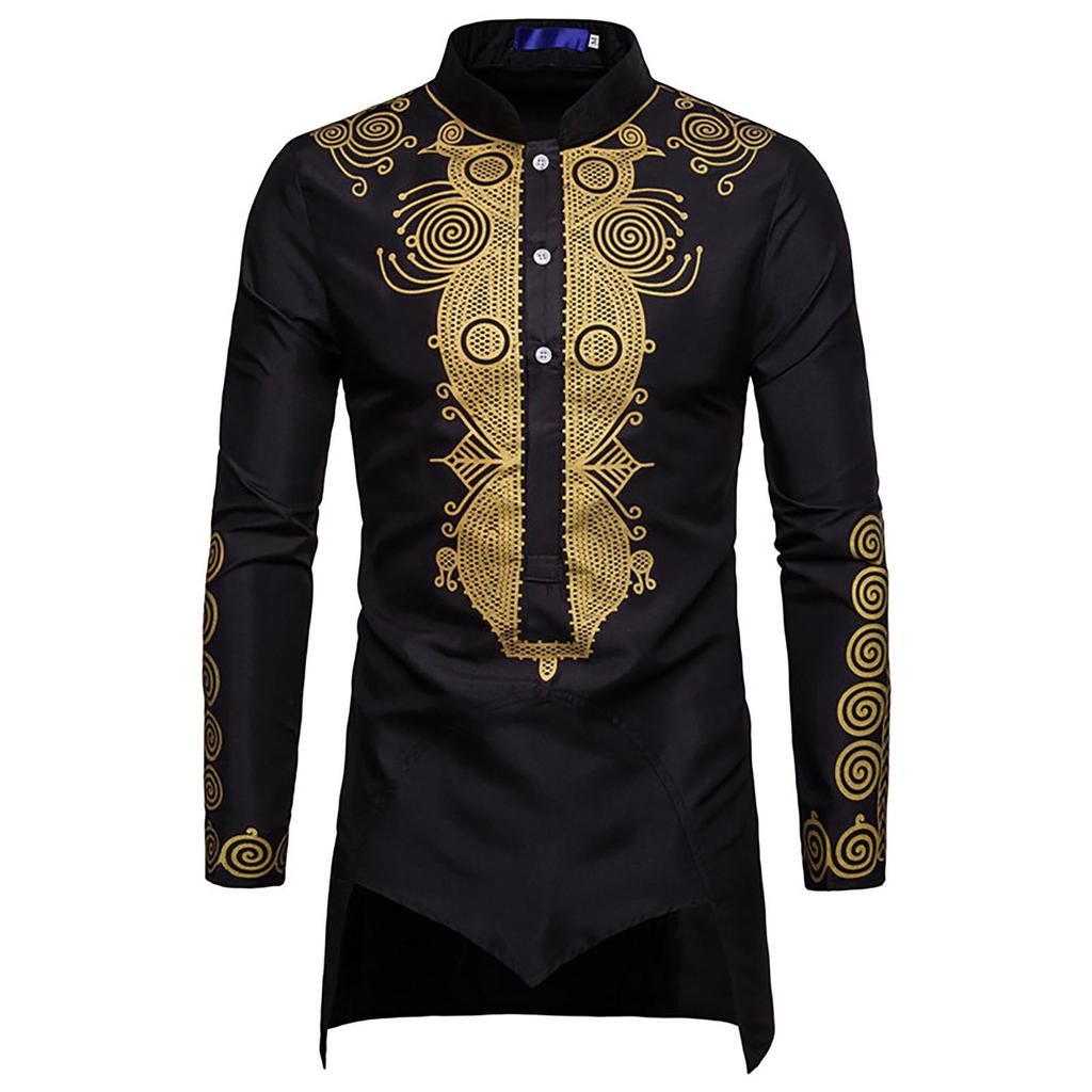 Men's Loose Casual  Shirt Ethnic Style Printing Robe Long Sleeved Shirt Top