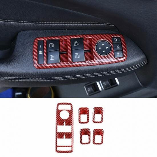 For Benz GLK 2009-2015 Red Carbon Fiber Window Switch Button Garnish Trim 5PCS