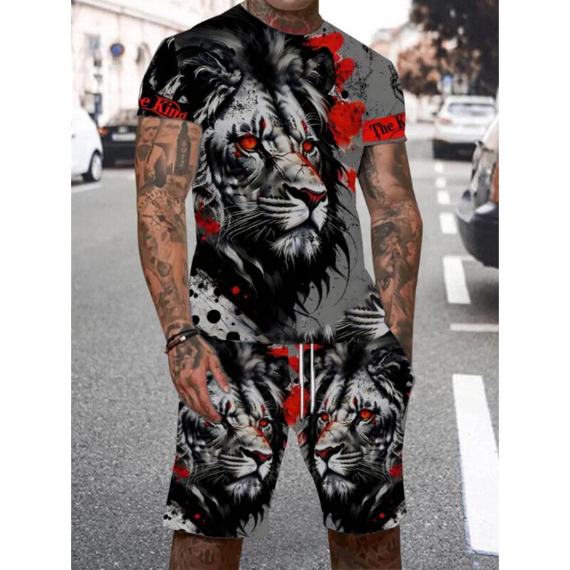 New Men's Summer Casual Everyday Short Sleeve and Shorts Set Cool The Lion King Print T-Shirt and Drawstring Short Set Men's Set