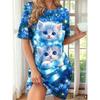 Women's Fashion Dresses Round Neck Short Sleeve Cat Pattern Printed Loose Casual Home Dress