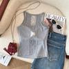 Women's Gray Backless Lace Patchwork Cami Tank Top with Chest Pads
