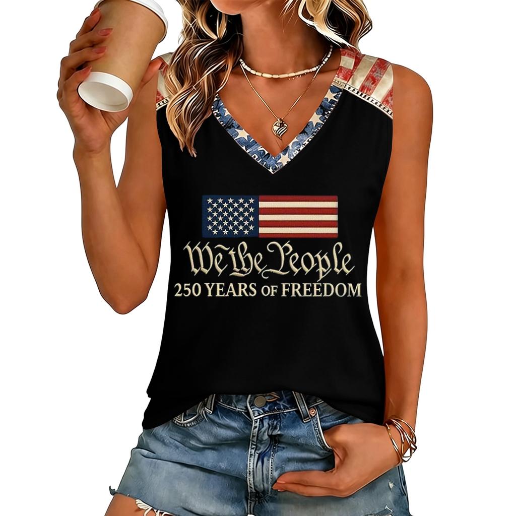 Women V Neck Casual Sleeveless Tank Top 250 Years Of Freedom Letter Print Lightweight Summer Shirt Sleeveless Blouse