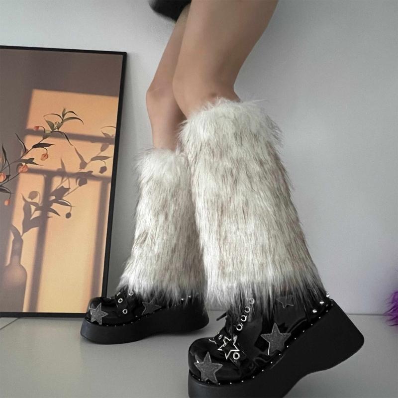 Fuzzy Faux Furs Leg Warmers Furs Heels Long Boots Cuffs Cover Has Elastic One Pair Carnivals Boot Cover Y2K JK Uniform