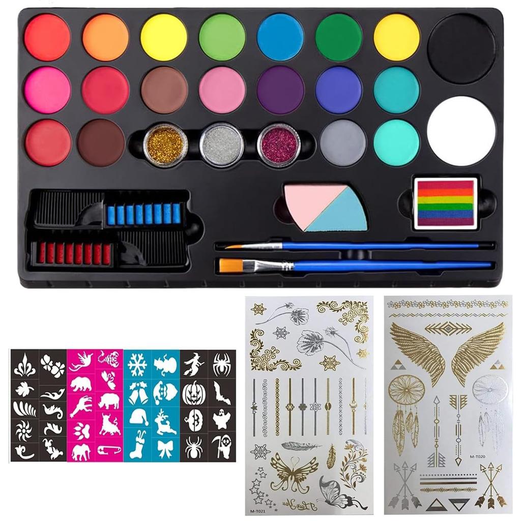 Store2508 Face Body Paint Kit for Kids - 20 Colours Non-Toxic Water Based Face Painting Set with Glitter Hair Chalk Brushes Sponges Stencils and Tat