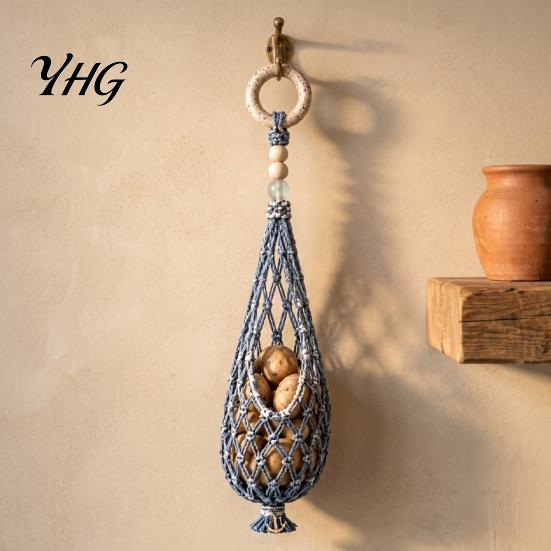 Kitchen Countertop Space Saver Handwoven Cotton Rope Storage Mesh Bag, Wall-Mounted Bohemian Style Organizer, Hand Woven Produce Basket Breathable