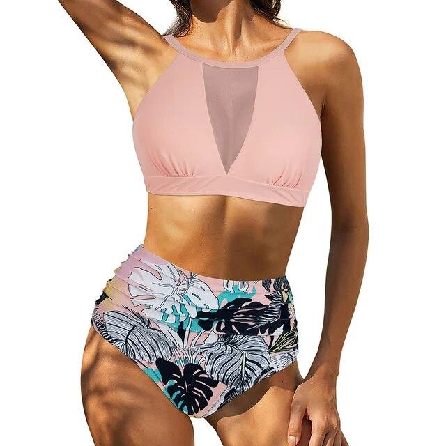 

Комплект бикини с высокой талией для женщин, лето 2023, комплект из двух предметов, однотонный сексуальный купальник с вырезами, пляжный купальный костюм, женские купальники S розовый