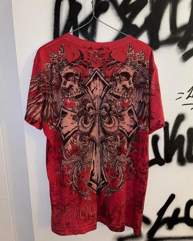 Y2K Style Gothic Affliction Distressed Cotton Shirt Oversized Punk Graphic Print Washed Soft Round Neck Tee Retro Short sleeve