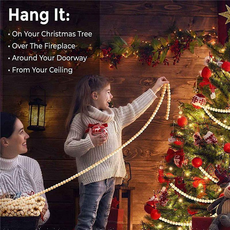 A74E-3X 9 Foot Natural Wood Bead Christmas Garland Wooden Christmas Tree Garland Perfect For Rustic Natural Country Farmhouse