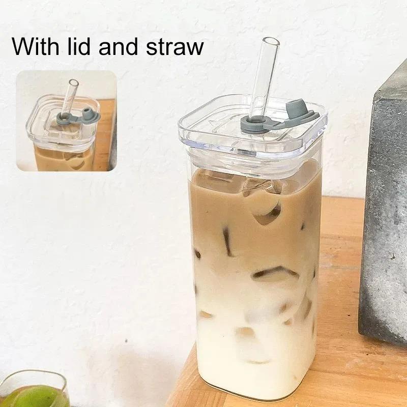 2 Stück Quadratische Hitzebeständige Kaffee-Glasbecher mit Deckel und Strohhalm Transparente Milch Tee Saft Tassen Kaffeebecher für Zuhause Bar Trinkgeschirr